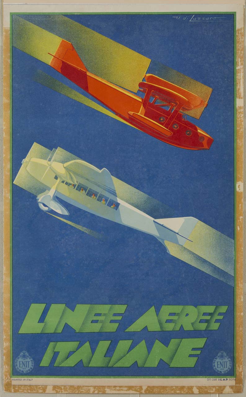 idrovolante e aeroplano in volo (manifesto) di Di Lazzaro Umberto (sec. XX)