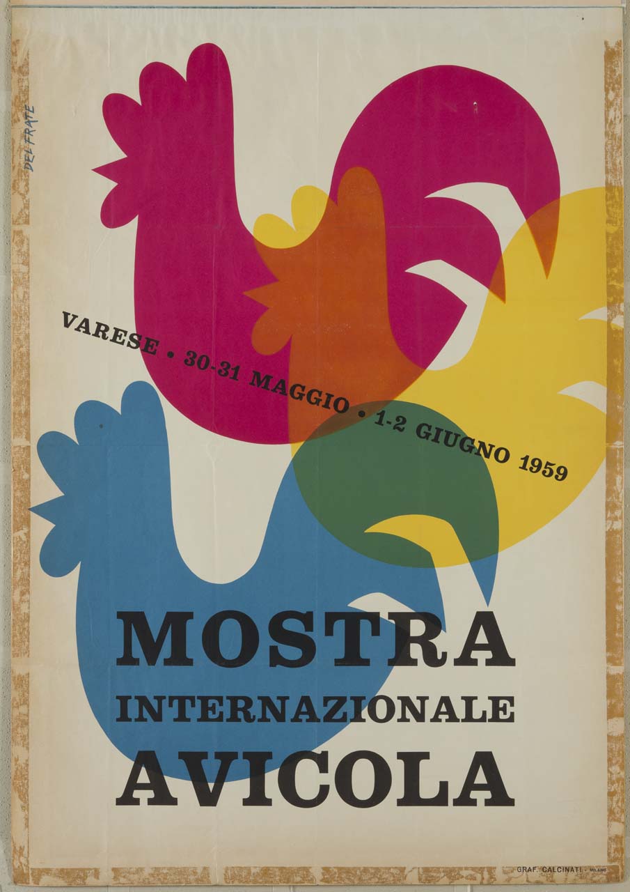 tre galline stilizzate in vari colori (manifesto) di Del Frate Walter (sec. XX)