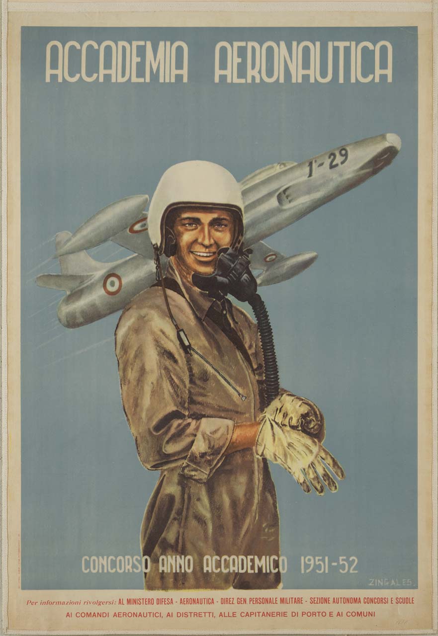 pilota aeronautico e aeroplano militare in decollo (manifesto) di Zingales Gaetano (sec. XX)