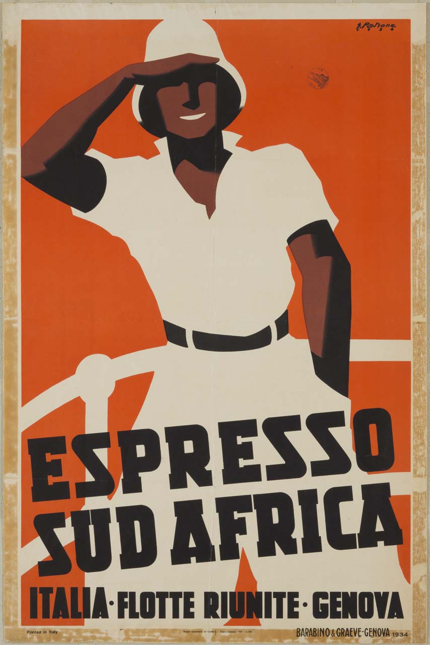figura maschile in abito coloniale ad un parapetto (manifesto) di Patrone Giovanni (sec. XX)