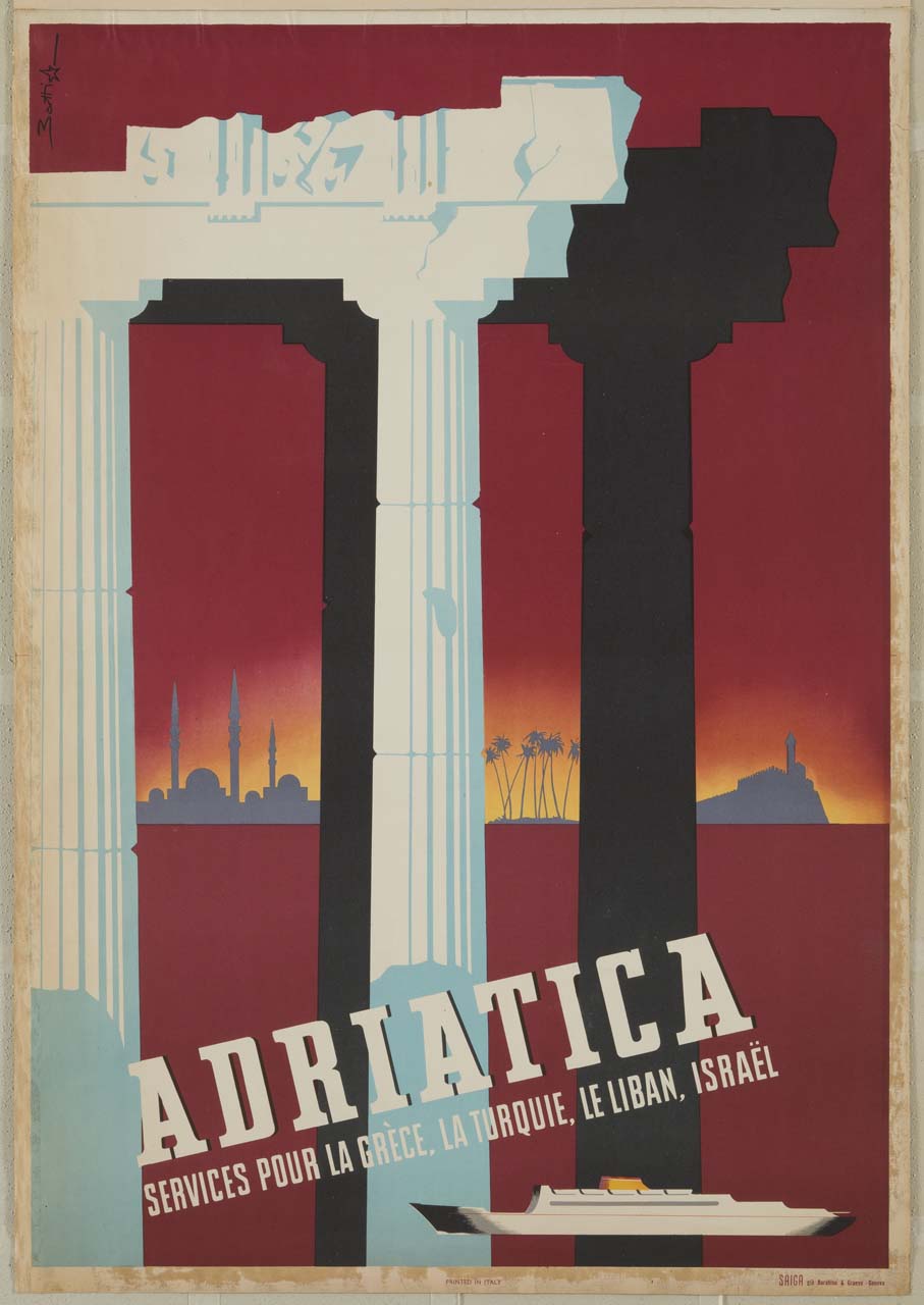 ruderi di un tempio classico sullo sfondo di edifici orientali (manifesto) di Battistella Angelo (sec. XX)