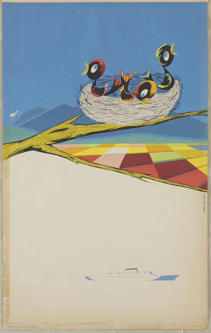 nido di uccellini su un ramo sullo sfondo di un paesaggio campestre e montuoso con una nave (manifesto) di Battistella Angelo (sec. XX)