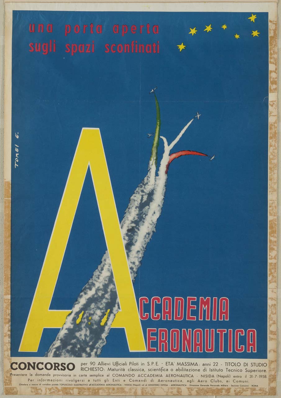 aeroplani in volo a formare bandiera italiana tra stelle e attraverso grande A (manifesto) di Tomei Elio (sec. XX)