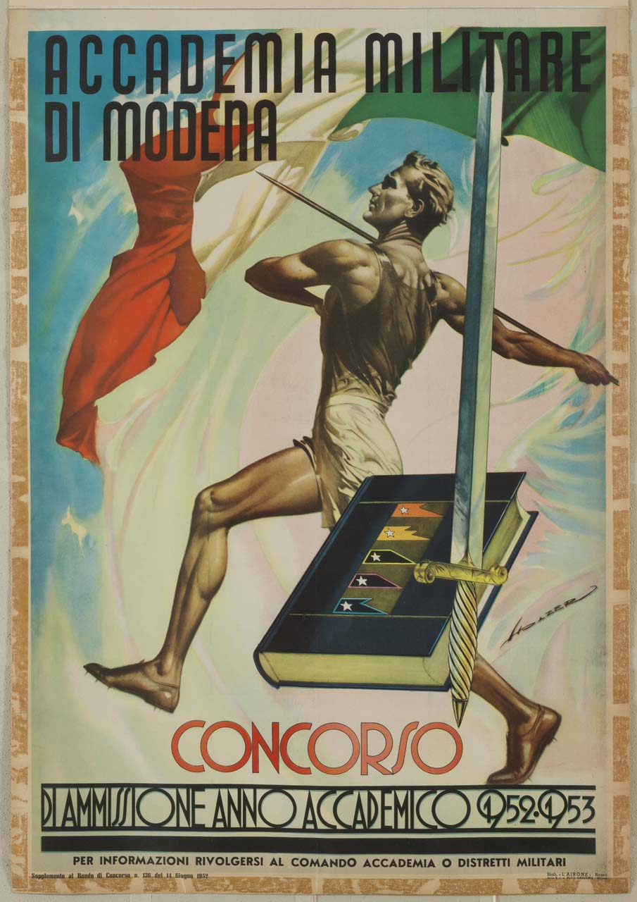 lanciatore di giavellotto, bandiera italiana, libro e spada (manifesto) di Holzer (sec. XX)