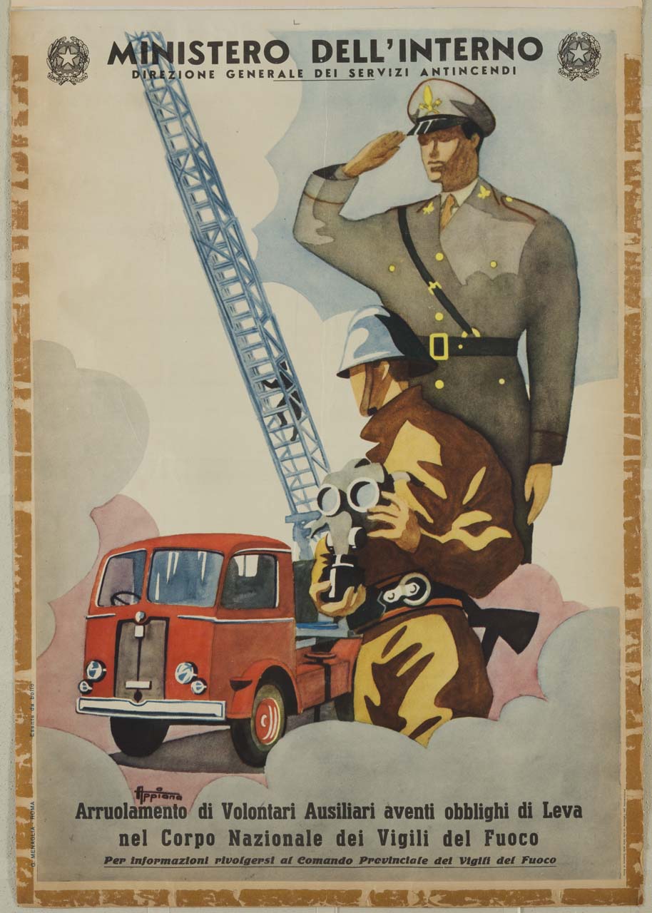 veicolo dei pompieri con gru e due vigili del fuoco (manifesto) di Appiana - ambito italiano (sec. XX)