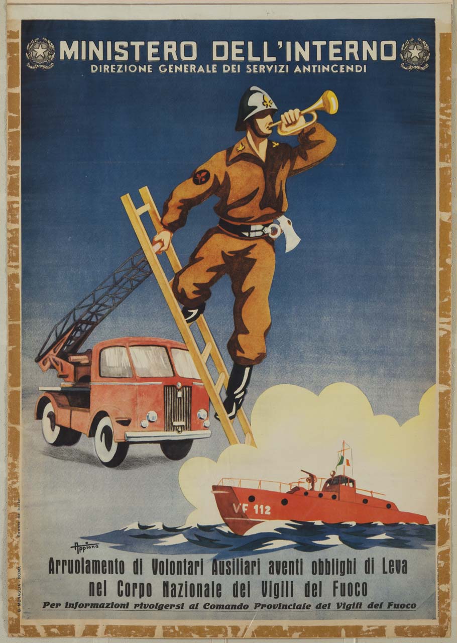 vigile del fuoco suona tromba sopra una scala e mezzi terrestre e navale dei vigili del fuoco (manifesto) di Appiana - ambito italiano (sec. XX)