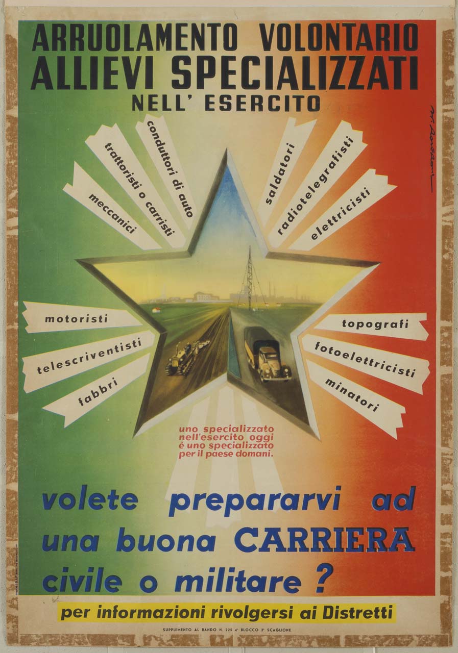 paesaggio con trattore e camion attorniato da scritte disposte a raggiera (manifesto) di Roveroni Walter (sec. XX)