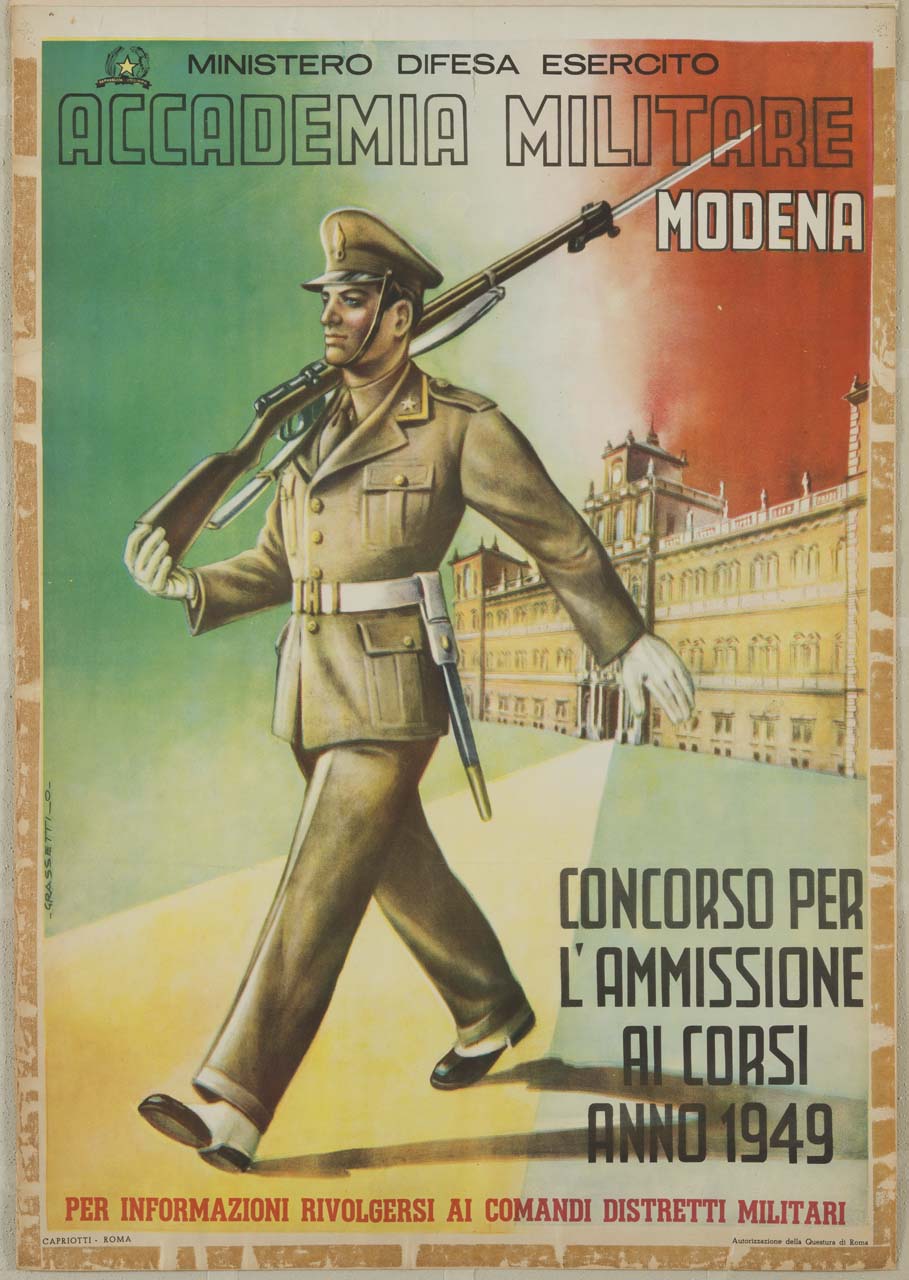 militare durante marcia e sullo sfondo Accademia Militare di Modena (manifesto) di Grassetti O - ambito italiano (sec. XX)