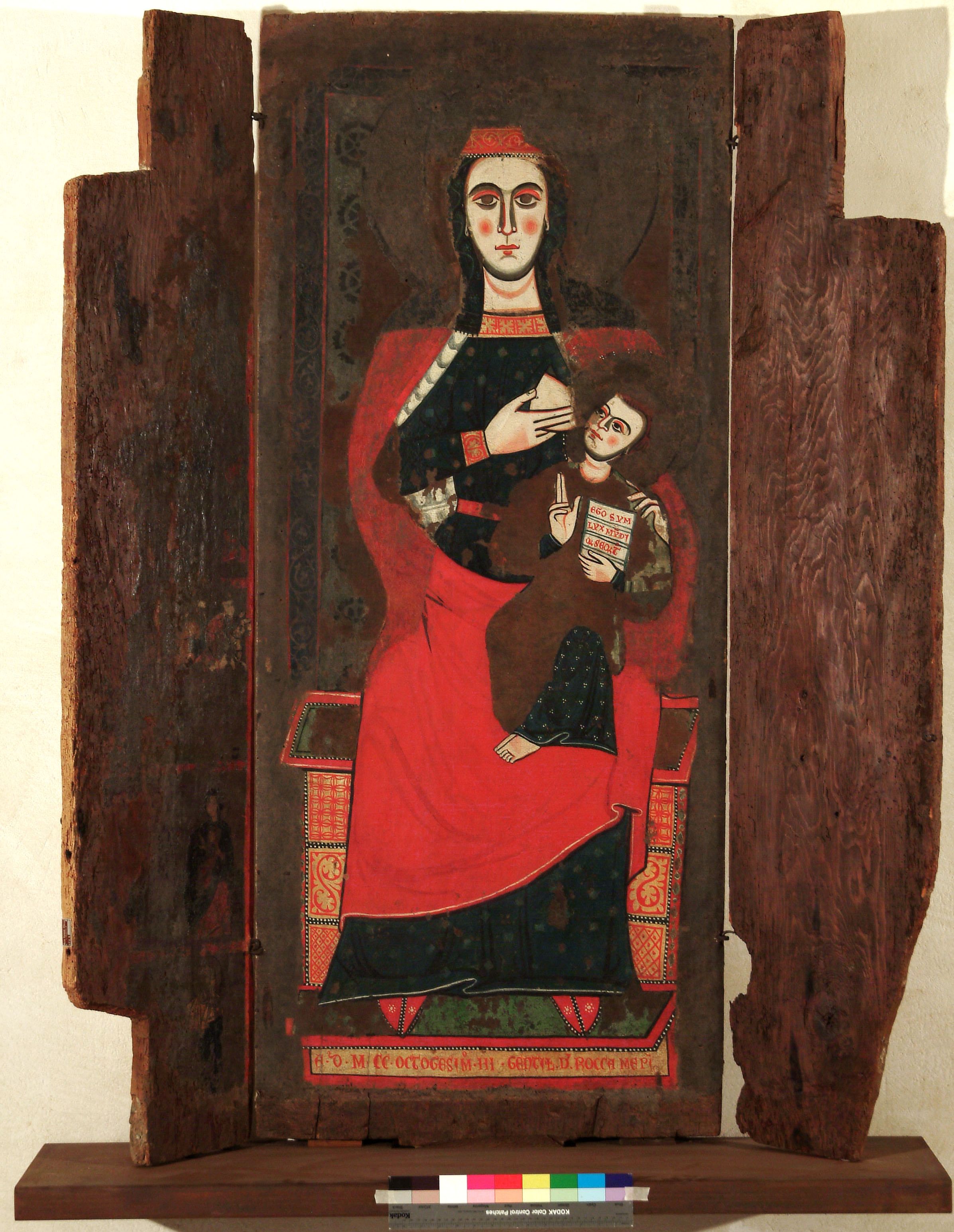 Madonna del latte, Madonna con Bambino in trono (trittico) di Gentile da Rocca (attribuito) (sec. XIII)