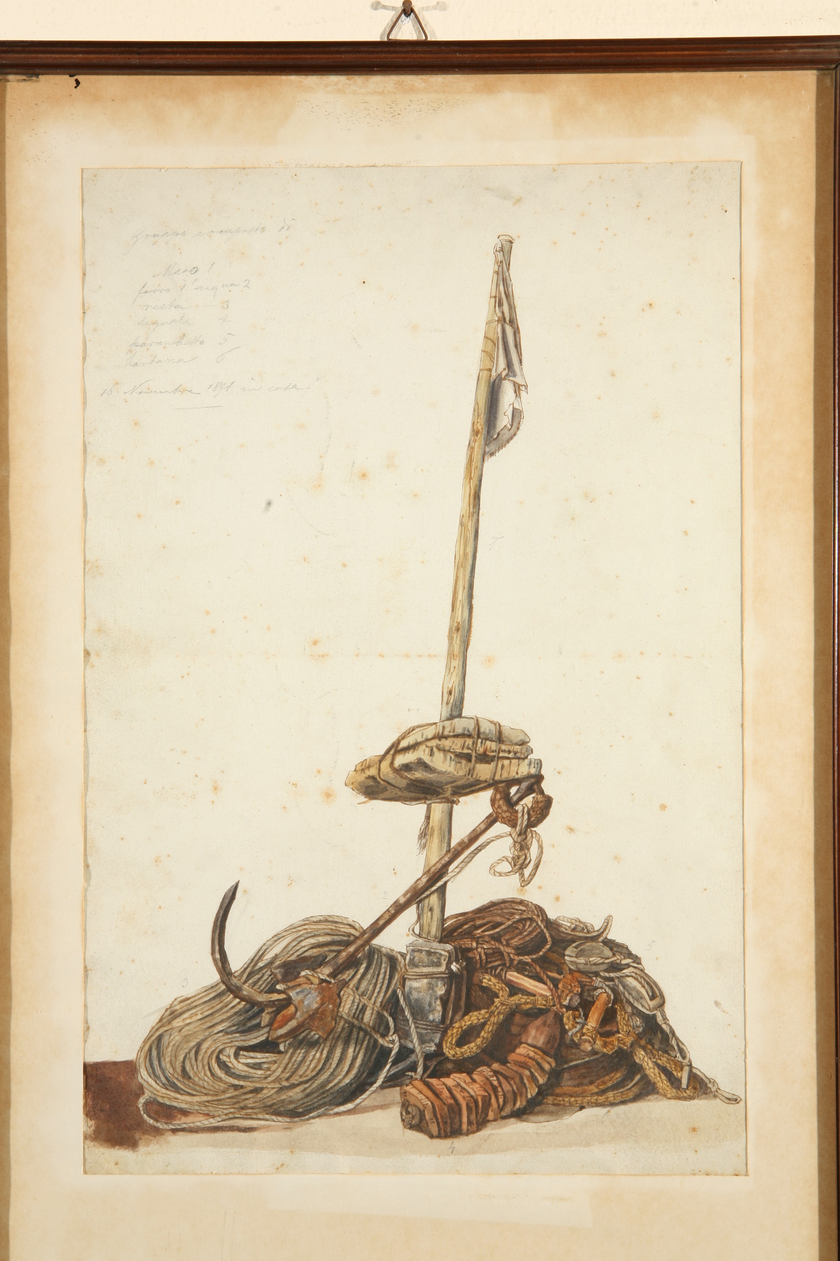 Gruppo composto da maso, ferro d'acqua, resta, legnata, paranchetto e tartana, strumenti per la navigazione (disegno, opera isolata) di Naccari Aristide (terzo quarto sec. XIX)