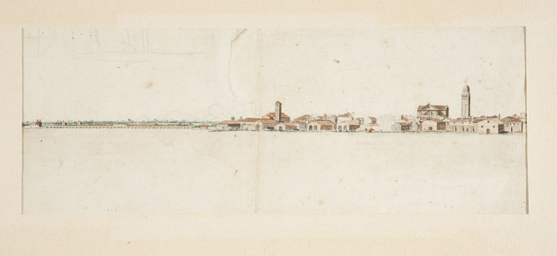 Chioggia vista da Sottomarina, veduta di Chioggia (disegno, opera isolata) di Naccari Aristide (ultimo quarto sec. XIX)