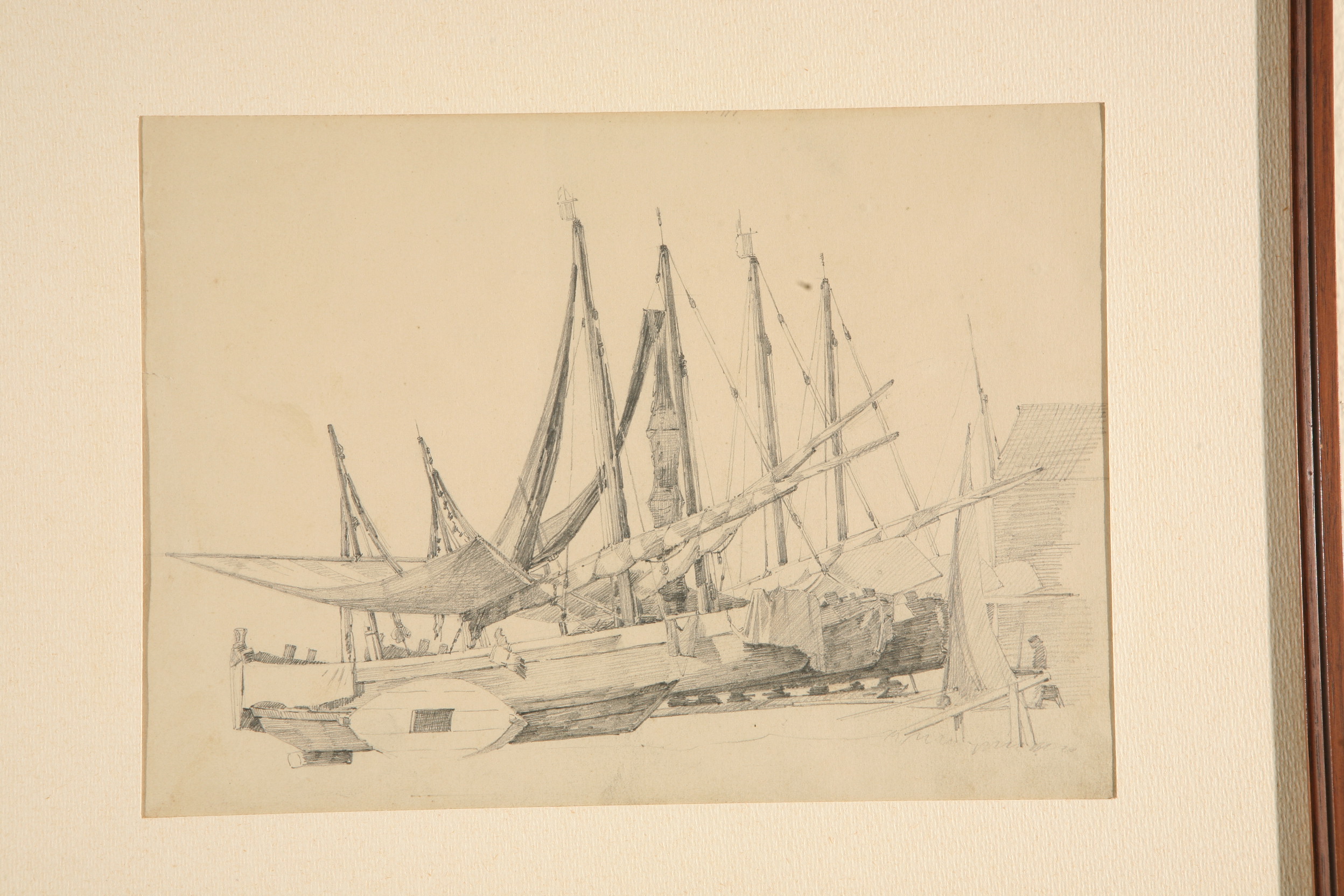 Barche in cantiere, veduta di bragozzi in cantiere (disegno, opera isolata) di Naccari Aristide (ultimo quarto sec. XIX)