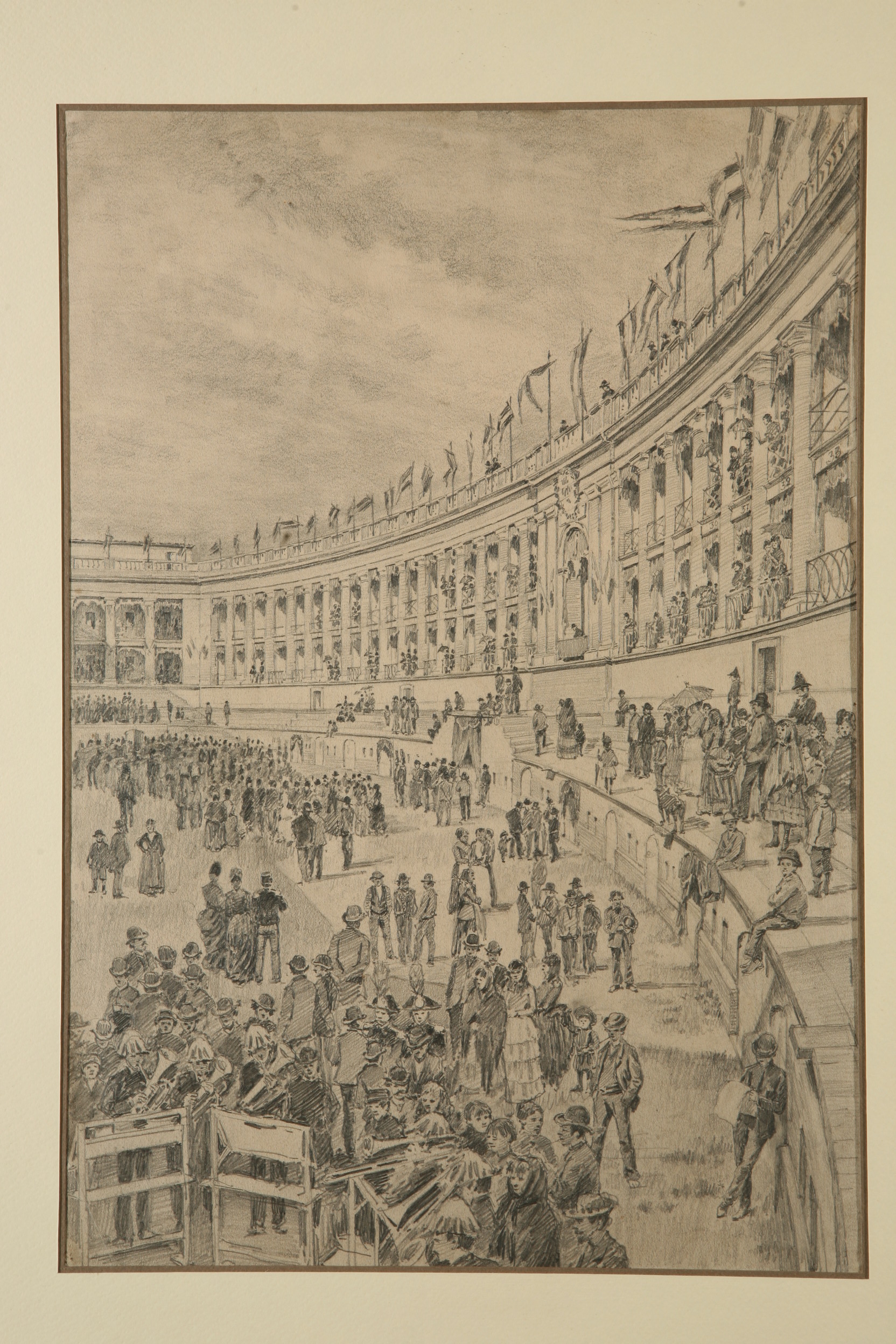 Sferisterio di Macerata durante l'inaugurazione, veduta dello sferisterio di Macerata durante l'inaugurazione (disegno, opera isolata) di Naccari Aristide (ultimo quarto sec. XIX)