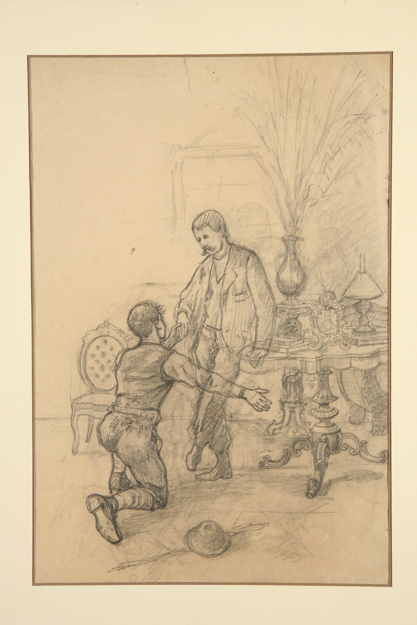 Il contadino ed il padrone (Contratto in cucina), coppia di figure maschili in un interno (disegno preparatorio, opera isolata) di Naccari Aristide (ultimo quarto sec. XIX)