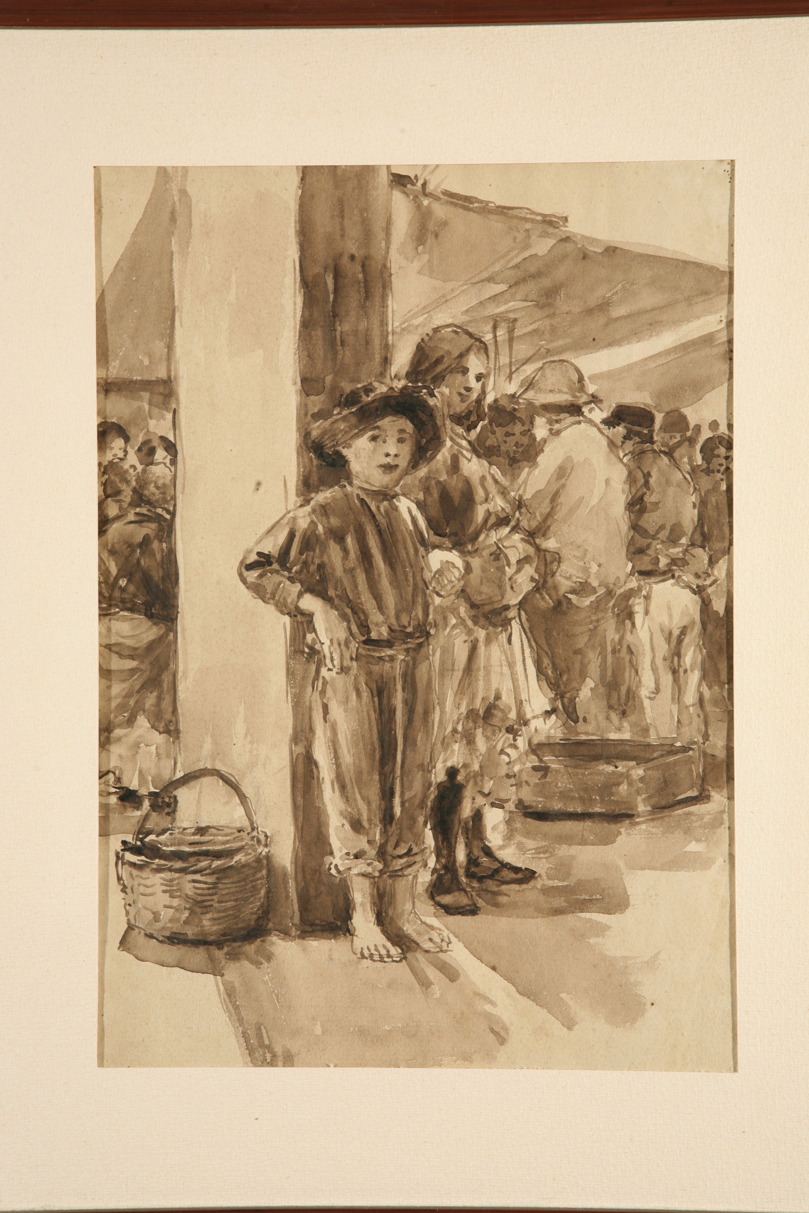 Ragazzi in pescheria, coppia di bambini accanto a pilastro in un mercato (disegno, opera isolata) di Naccari Aristide (fine sec. XIX)