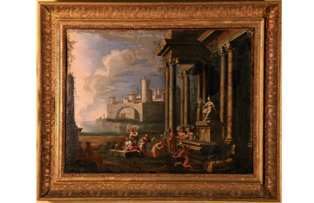 Capriccio con edificio classico in un porto di mare con scena di Battesimo impartito da Pietro accompagnato da angeli, Un battesimo tra le rovine (dipinto) - ambito italiano (Sec. XVIII)
