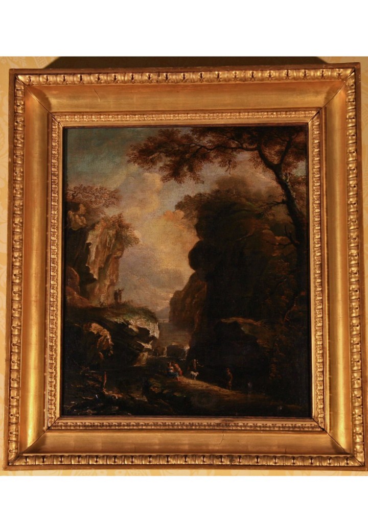 Valle rocciosa con figure, paesaggio (dipinto) di Salvator Rosa (scuola) (terzo quarto sec. XVII)