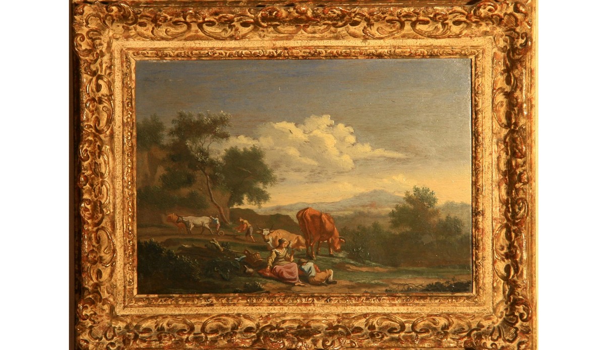 Paesaggio con bovini e figure, Paesaggio (dipinto) di Philip James de Loutherbourg (bottega) (prima metà sec. XIX)