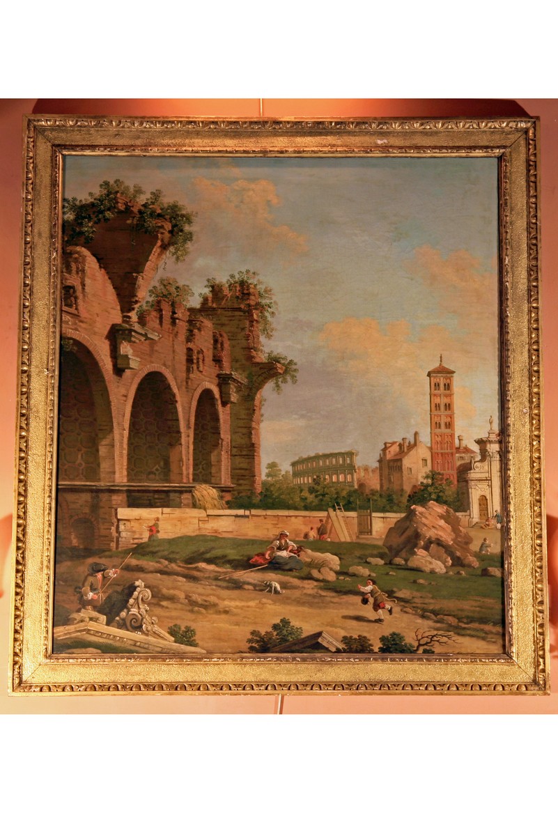 Il Foro romano con i resti della basilica di Massenzio, la chiesa di Santa Francesca Romana e sullo sfondo il Colosseo, Basilica di Massenzio, Chiesa di Santa Francesca Romana e Colosseo sullo sfondo (dipinto) di Giovanni Antonio Canal detto Canaletto (bottega) (prima metà XVIII secolo)