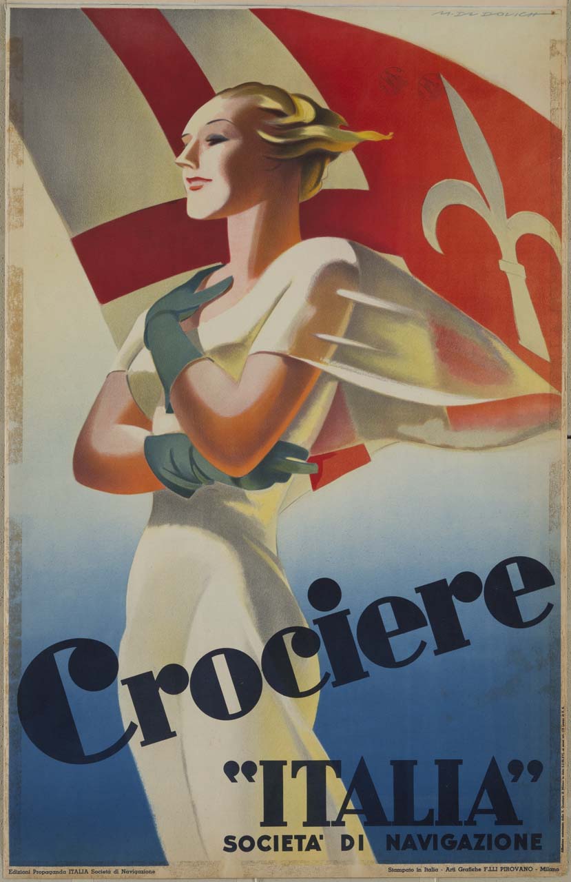 donna in abito bianco e guanti con bandiera (manifesto) di Dudovich Marcello (sec. XX)