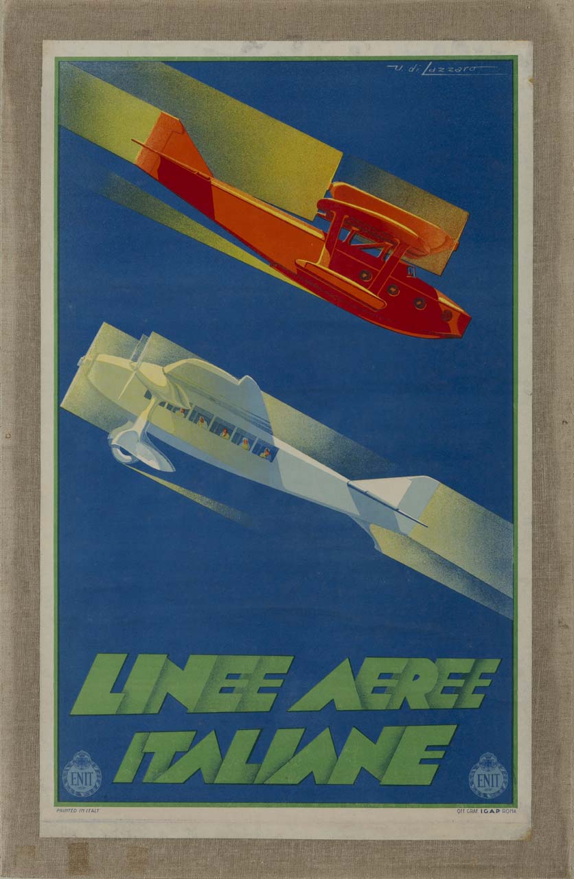 due aeromobili, di colore rosso e bianco, in volo (manifesto) di Di Lazzaro Umberto (sec. XX)
