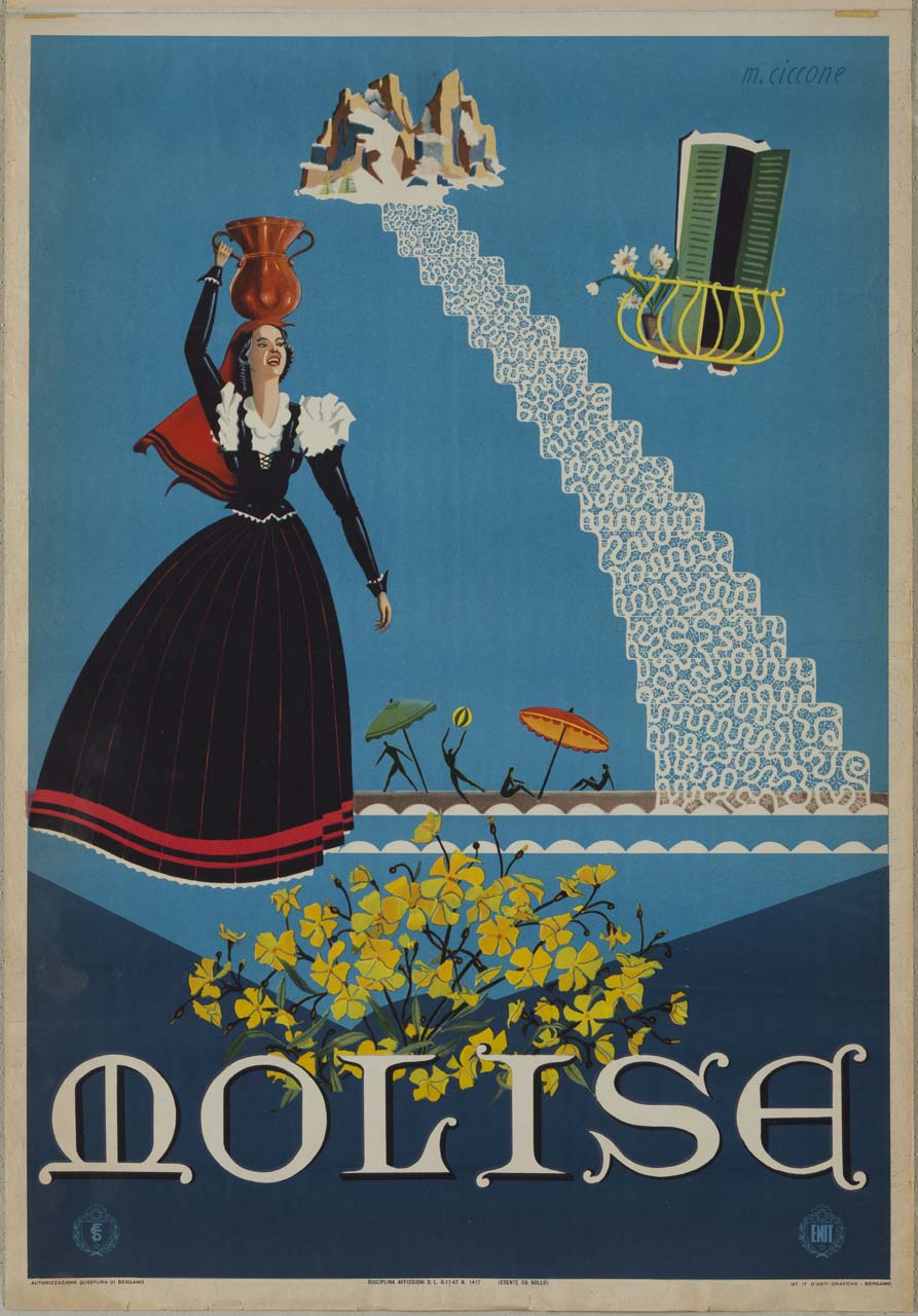 donna in abiti tradizionali, fiori, spiaggia animata, finestra con balcone fiorito ed una scala di pizzo che conduce verso una montagna (manifesto) di Ciccone M (sec. XX)