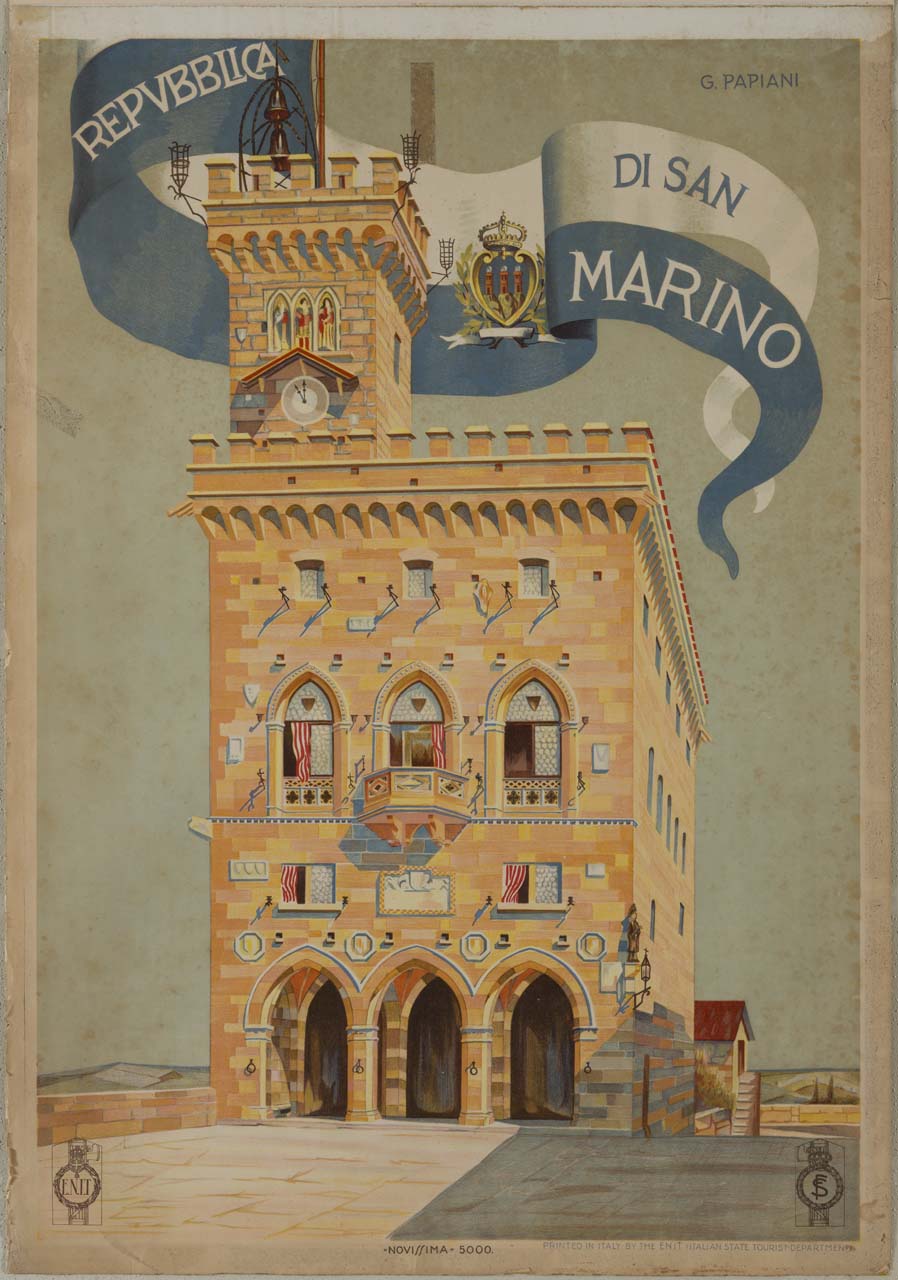 palazzo pubblico di San Marino, cartiglio e stemma della Repubblica (manifesto) di Papiani Giuseppe (prima metà sec. XX)