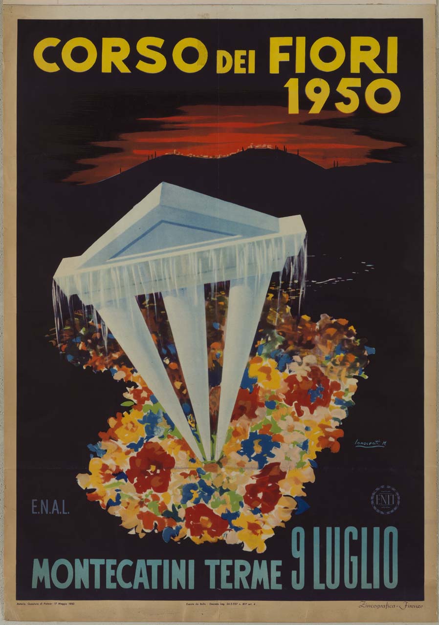 colonne con timpano da cui sgorga acqua, circondate da fiori, e sullo sfondo un tramonto ed una collina con la città di Montecatini Terme (manifesto) di Innocenti Otello Mauro detto Maro (sec. XX)