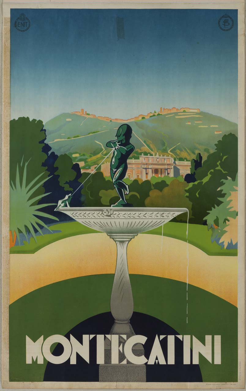 Montecatini Terme, fontana marmorea con scultura in bronzo e sullo sfondo lo stabilimento Tettuccio ai piedi delle colline (manifesto) - ambito italiano (prima metà sec. XX)