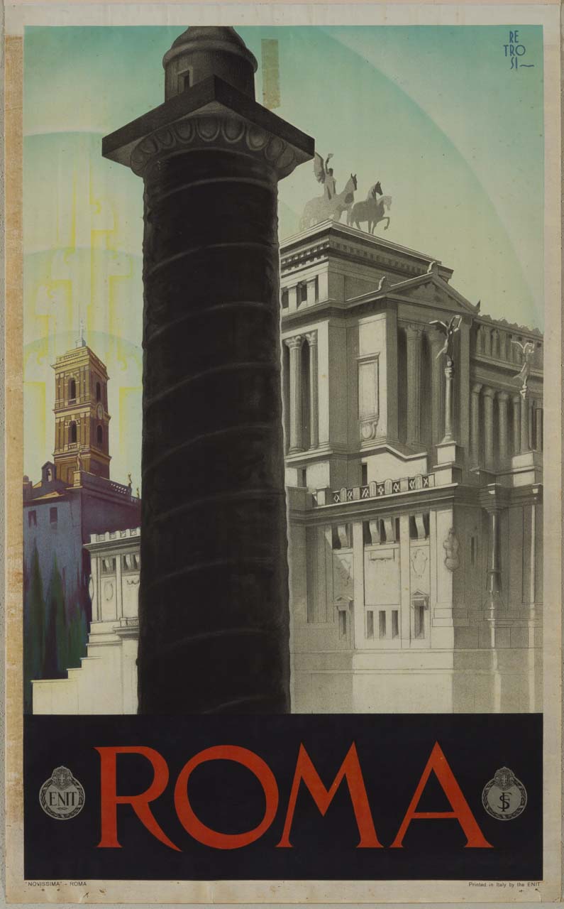 Vittoriano, Colonna di Traiano, campanile, dettagli (manifesto) di Retrosi Virgilio (prima metà sec. XX)