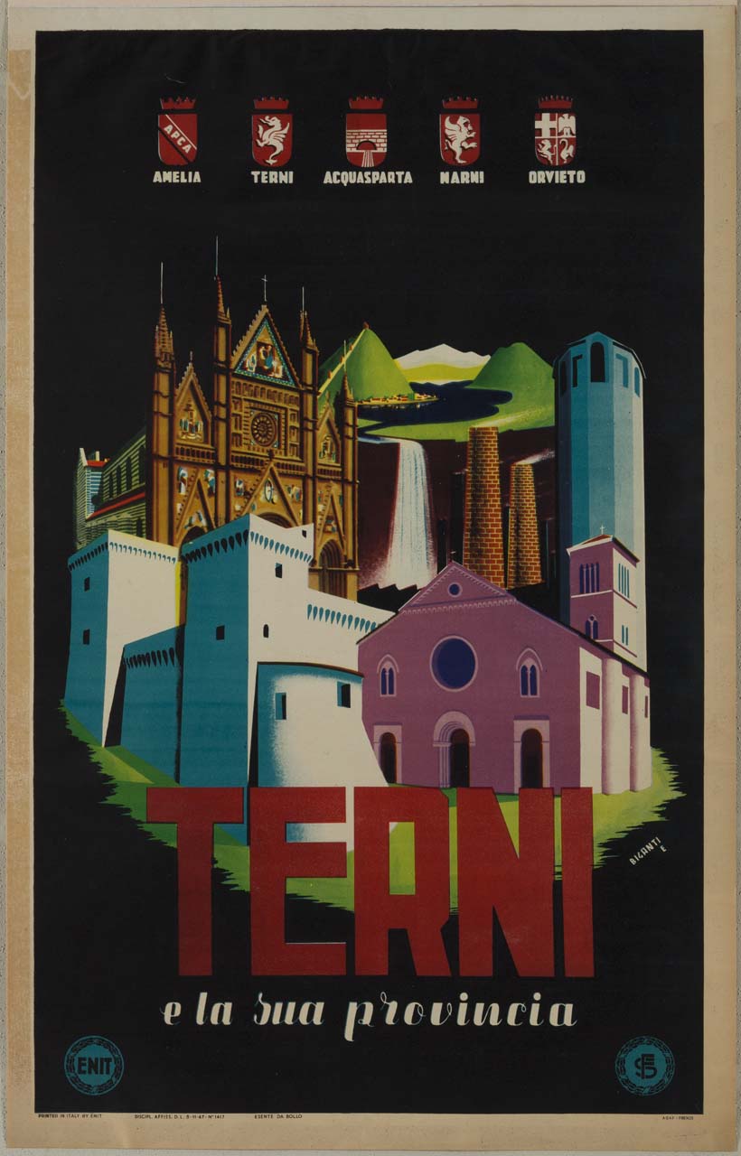 raffigurazioni della chiesa di San Francesco a Terni, della cattedrale di Santa Maria Assunta di Orvieto, della Torre civica di Amelia, della rocca di Narni, due ciminiere e il lago di Piediluco sullo sfondo. In cima gli stemmi delle città ternane (manifesto) di Biganti Edmondo (sec. XX)