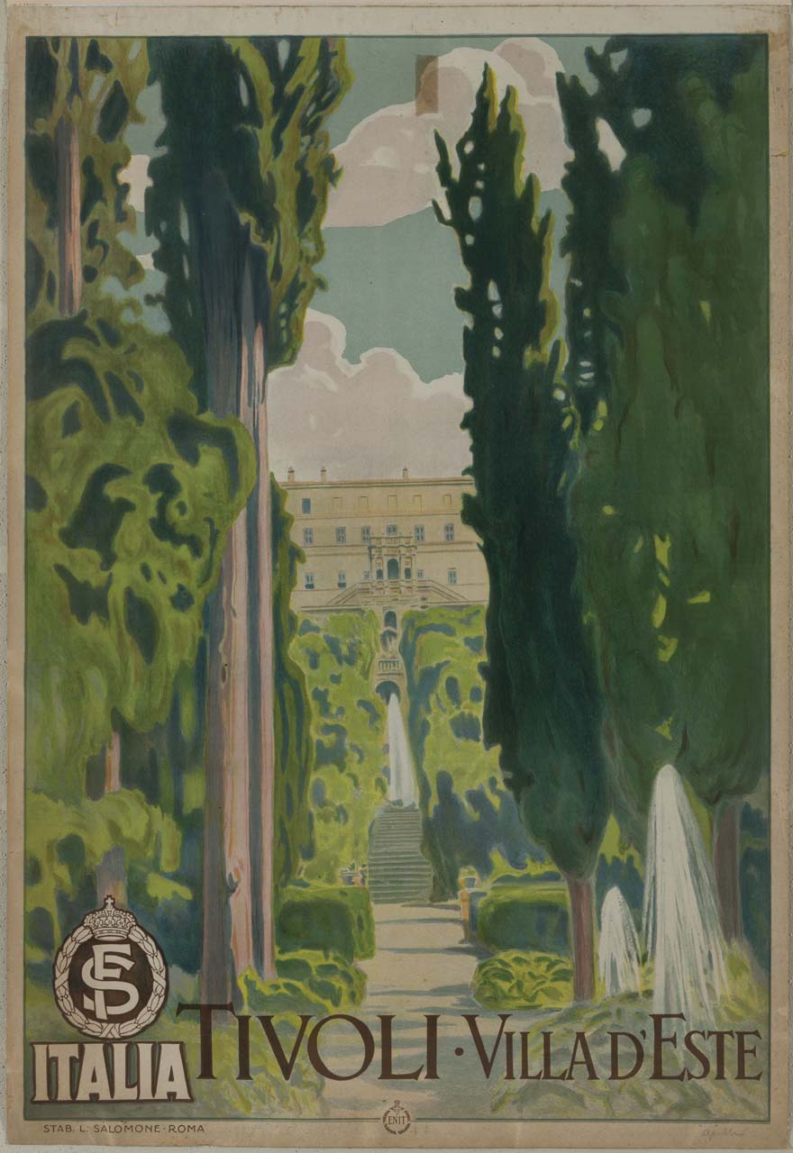 viale d'ingresso e facciata di Villa d'Este a Tivoli (manifesto) di Apolloni Livio (secondo quarto sec. XX)