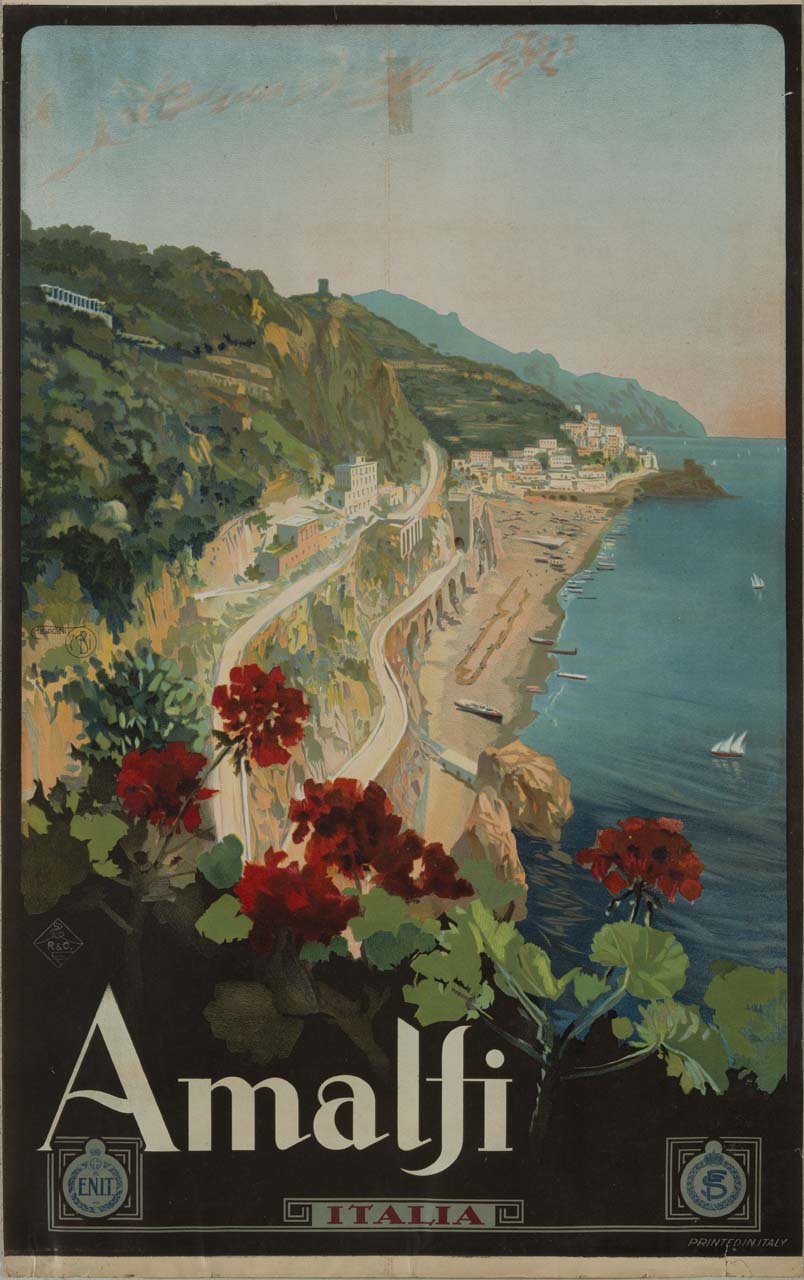 veduta del golfo di Napoli con la costiera amalfitana e gerani rossi in primo piano (manifesto) di Borgoni Mario (sec. XX)