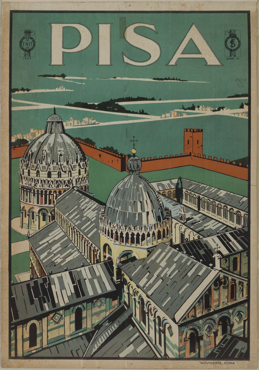 veduta dall'alto, probabilmente dalla torre campanaria, di piazza dei Miracoli a Pisa con il duomo, il battistero, il camposanto, la cinta muraria e le campagne circostanti (manifesto) di Apolloni Livio (sec. XX)