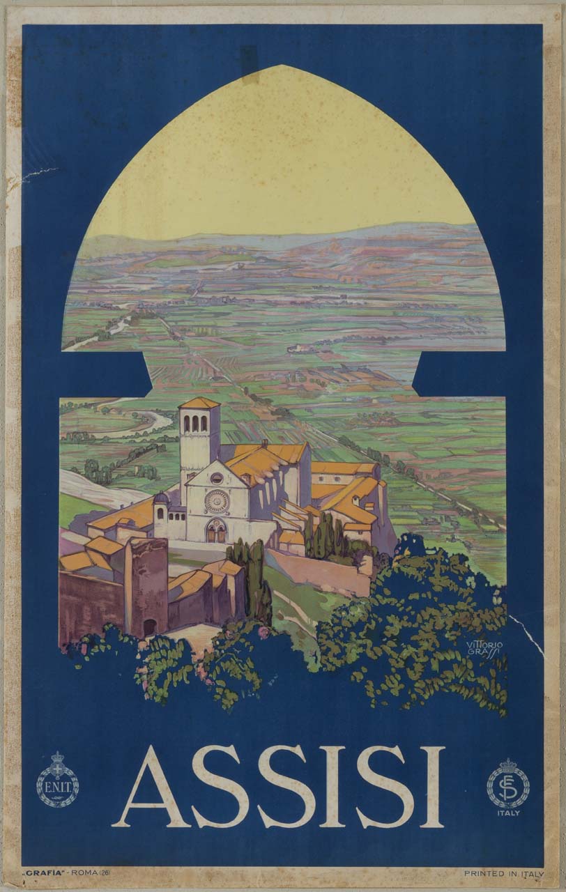 finestra da cui si scorge la Basilica di Assisi e una veduta delle campagne circostanti (manifesto) di Grassi Vittorio (secondo quarto sec. XX)