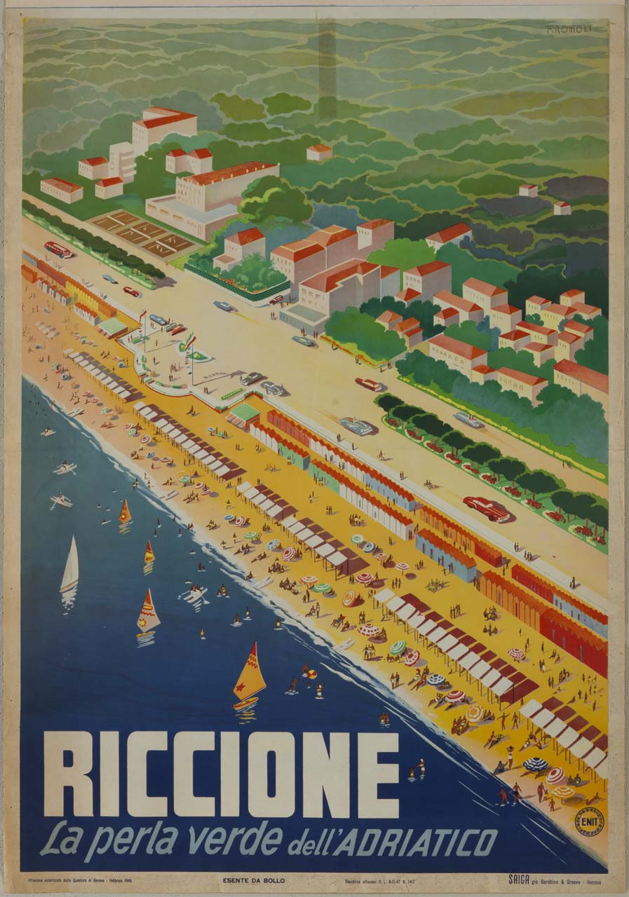 veduta animata della Riviera Adriatica con gli stabilimenti balneari, il lungomare davanti a Riccione e la pianura verdeggiante sullo sfondo (manifesto) di Romoli Filippo (sec. XX)