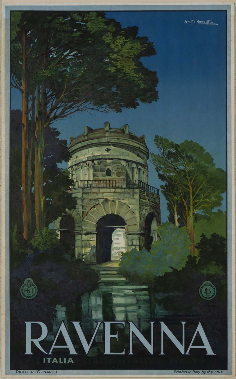 mausoleo di Teodorico e viale antistante con pini marittimi e vegetazione lussureggiante (manifesto) di Ravaglia Attilio Piero Antonio (sec. XX)