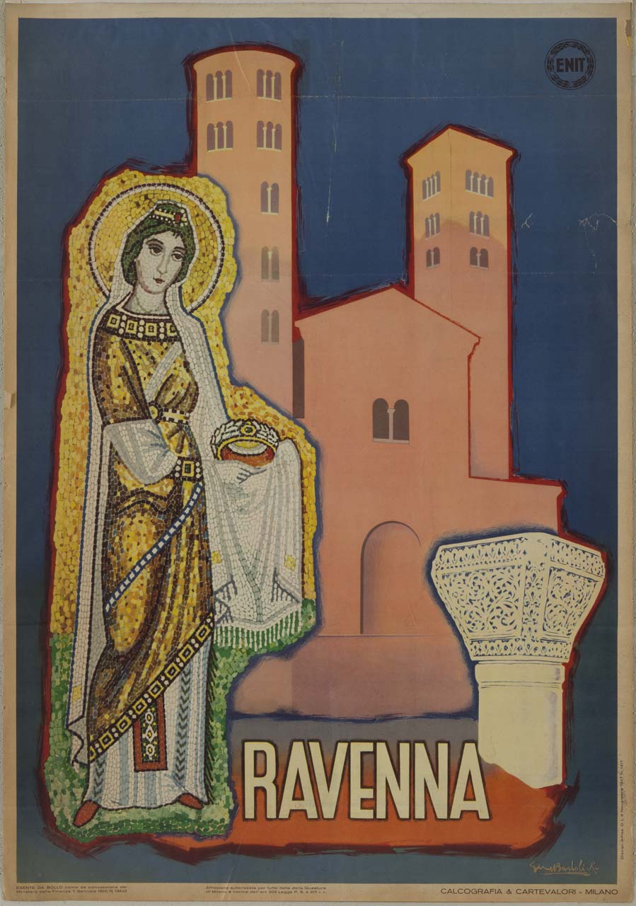 Ravenna, campanile di Sant'Apollinare Nuovo, chiesa di San Francesco e in primo piano capitello della basilica di San Vitale e mosaico con Vergine Martire con corona della teoria di Vergini in Sant'Apollinare Nuovo (manifesto) di Bartoli Giuseppe (sec. XX)