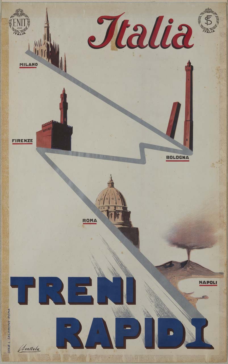 duomo di Milano, le torri Garisenda e degli Asinelli di Bologna, palazzo della Signoria di Firenze, la cupola di San Pietro a Roma e il golfo di Napoli uniti da una linea che rappresenta la tratta dei treni rapidi (manifesto) di Scattola Ferruccio (sec. XX)
