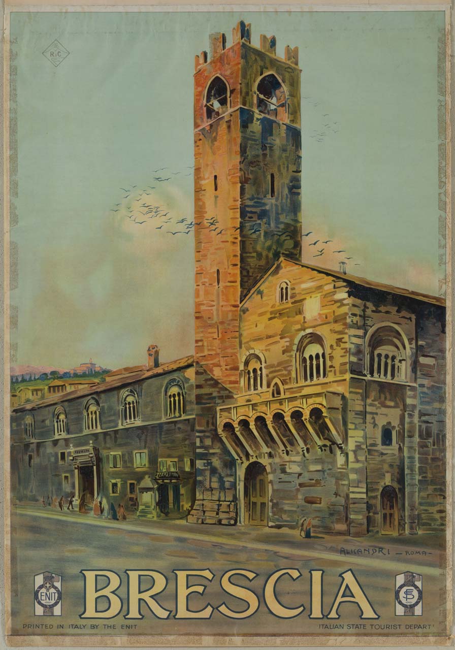 scorcio del palazzo Broletto e della torre del Pegol in piazza Paolo VI a Brescia (manifesto) di Alicandri Vincenzo (sec. XX)
