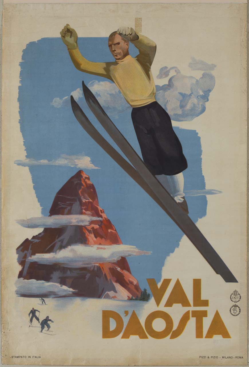 figura maschile che effettua un salto con gli sci sopra una pista innevata percorsa da sciatori, e sullo sfondo il monte Cervino fra le nuvole (manifesto) - ambito italiano (sec. XX)