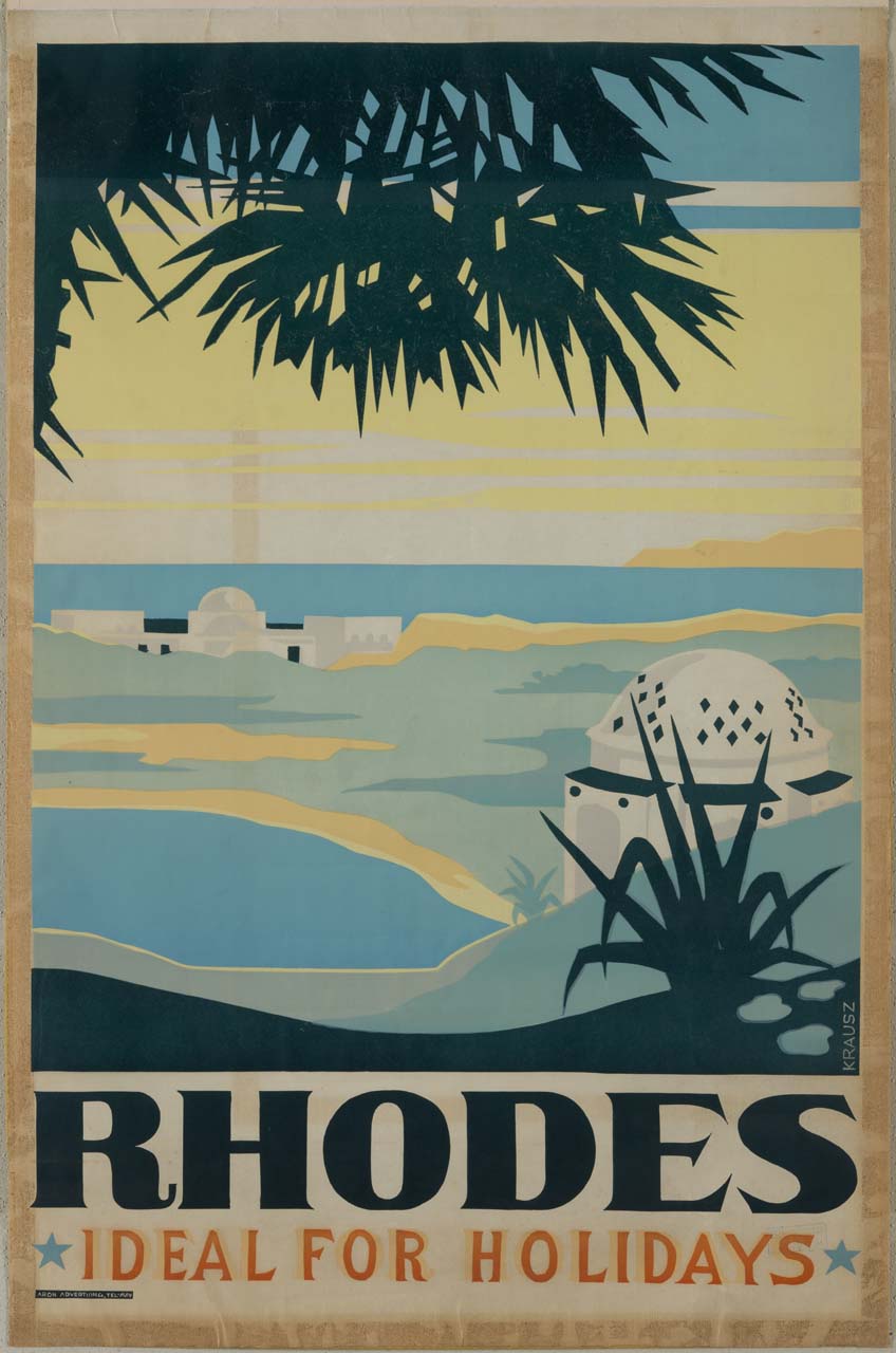 veduta della costa dell'isola di Rodi ed alcuni edifici (manifesto) di Kraus Franz (sec. XX)