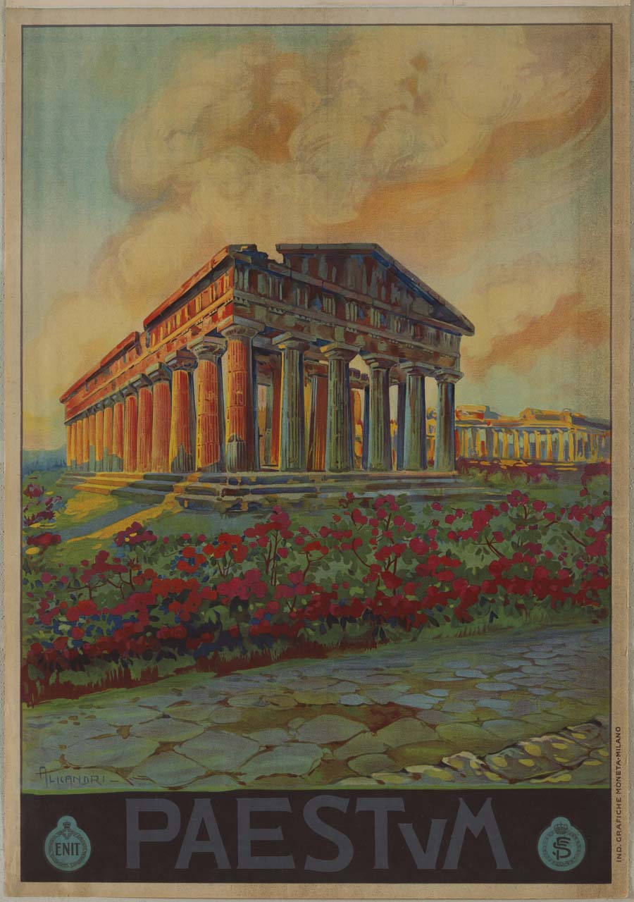 veduta del tempio di Nettuno a Paestum, con il tempio di Era sullo sfondo e una distesa di rose rosse in primo piano (manifesto) di Alicandri Vincenzo (sec. XX)