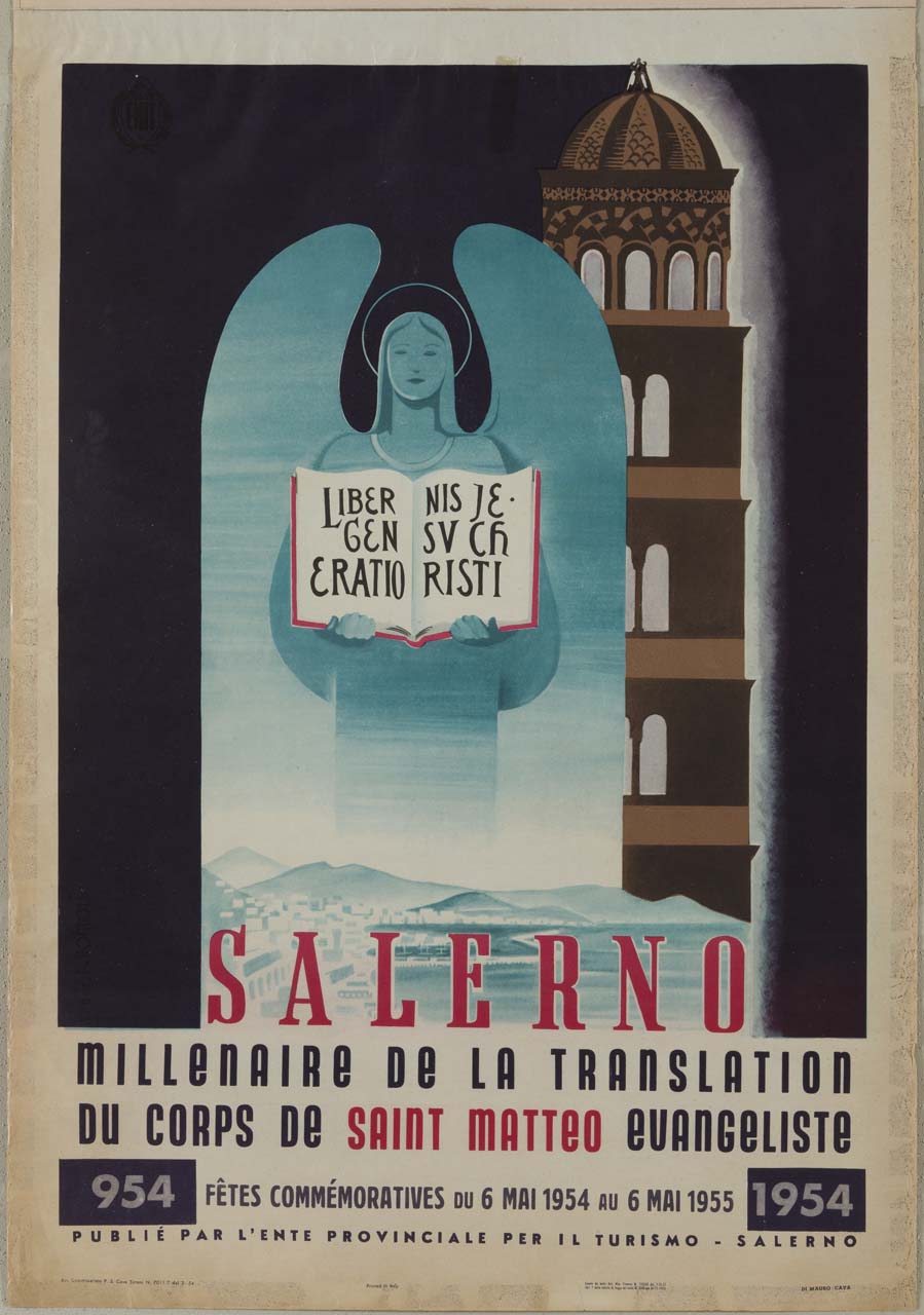 raffigurazione di un angelo con in mano la Bibbia, che si erge sopra il golfo di Salerno e alle sue spalle il campanile della cattedrale di Santa Maria degli Angeli e di San Matteo (manifesto) - ambito italiano (sec. XX)