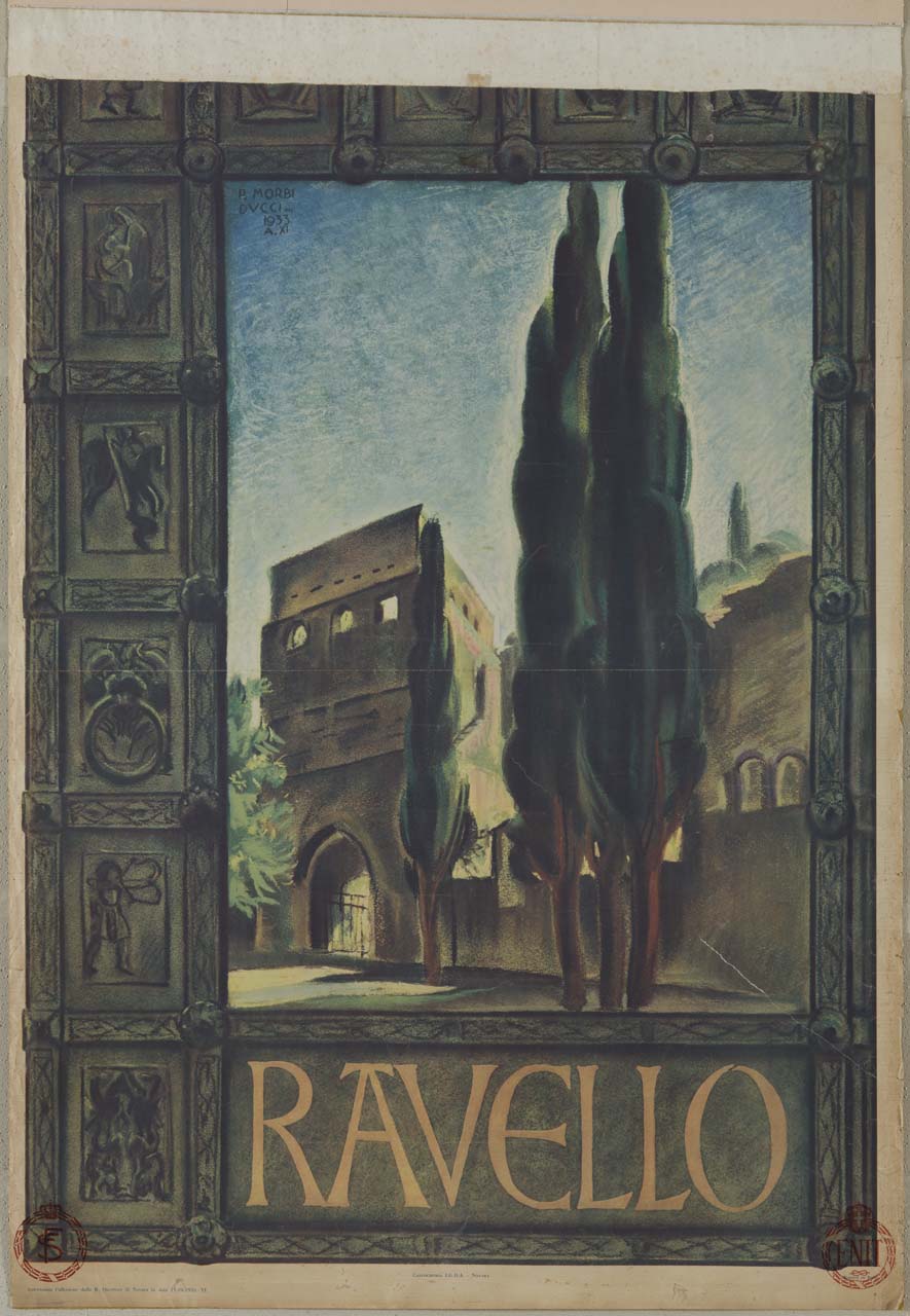 scorcio di Ravello con cipressi visto attarverso la rappresentazione di alcune formelle del portale del Duomo (manifesto) di Morbiducci Publio (sec. XX)