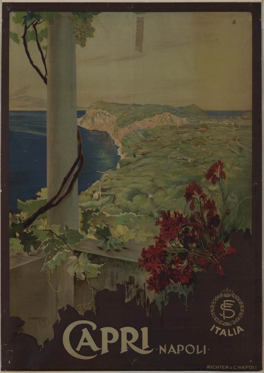 veduta della parte nord est dell'isola di Capri attraverso una loggia con in primo piano una colonna cinta da viti e garofani rossi, sullo sfondo il Vesuvio fumante (manifesto) di Borgoni Mario (sec. XX)