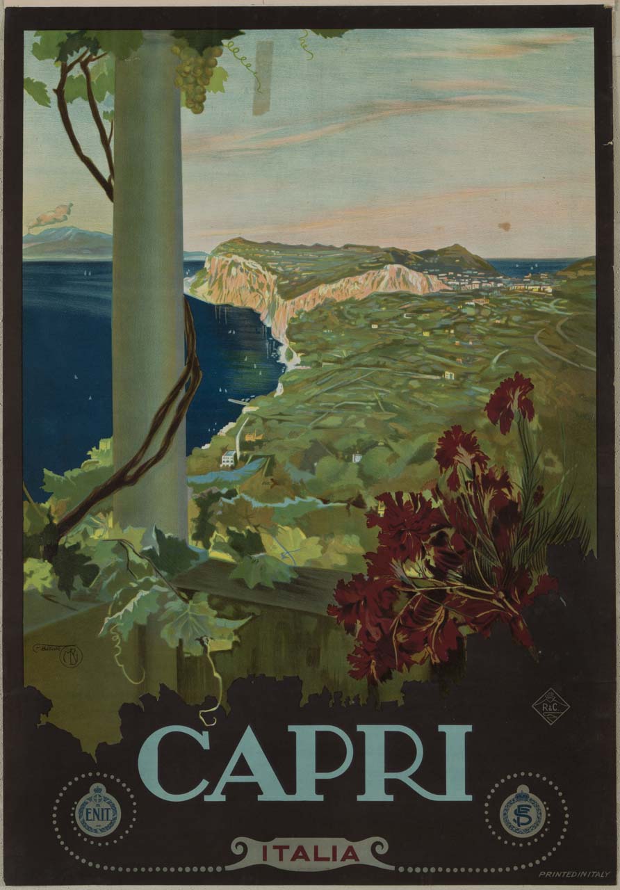 veduta della parte nord est dell'isola di Capri attraverso una loggia con in primo piano una colonna cinta da viti e garofani rossi, sullo sfondo il Vesuvio fumante (manifesto) di Borgoni Mario (sec. XX)