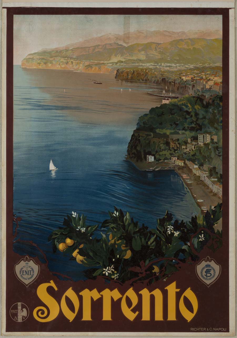 veduta del golfo di Napoli con il paese di Sorrento e un ramo di limone in fiore in primo piano (manifesto) di Borgoni Mario (sec. XX)
