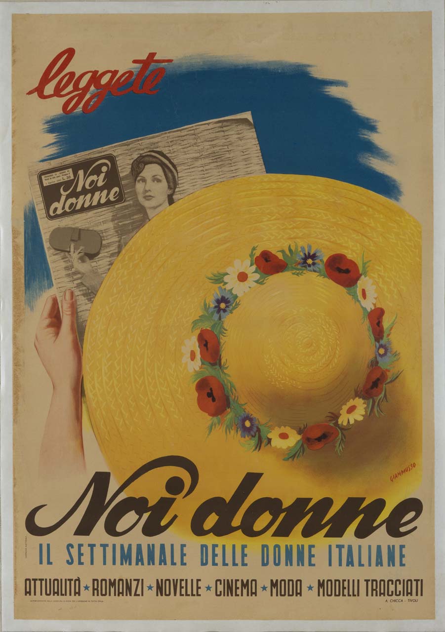 figura femminile presentata di spalle, con cappello di paglia adorno di fiori, intenta nella lettura della rivista Noi donne (manifesto) di Giammusso Ugo (sec. XX)