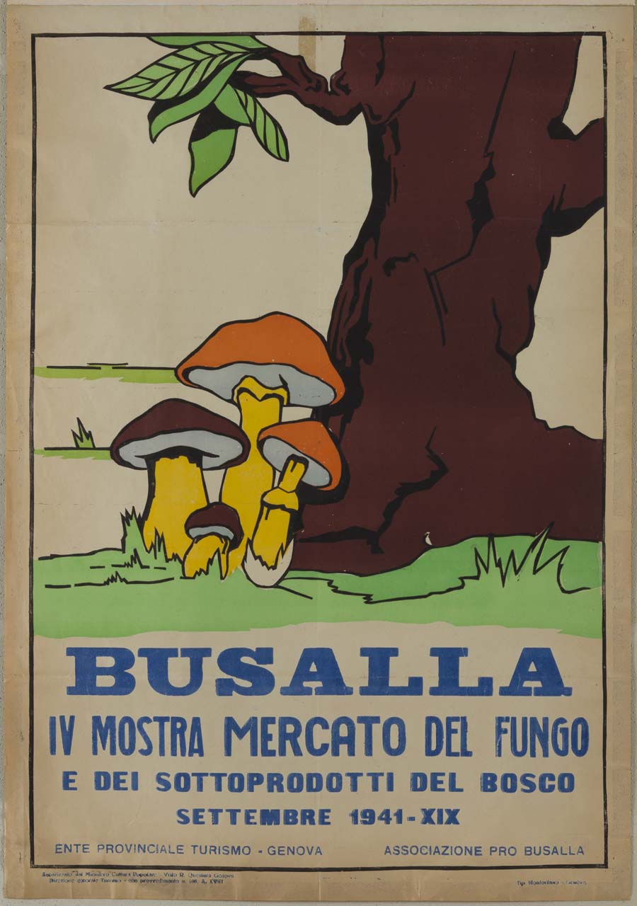 un prato verde, il tronco di un albero marrone e quattro funghi marroni e arancioni (manifesto) - ambito italiano (sec. XX)